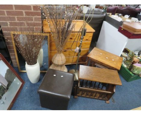 An oak nest of tables, modern standard lamp, two vases, oak magazine rack, etc.