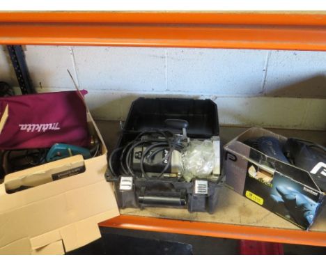Three boxed power tools to include a Trend router, a Pro sander and a Makita planer