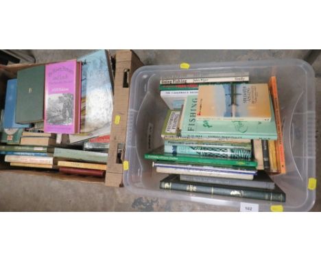 A tray of vintage fly fishing together with a box of angling books