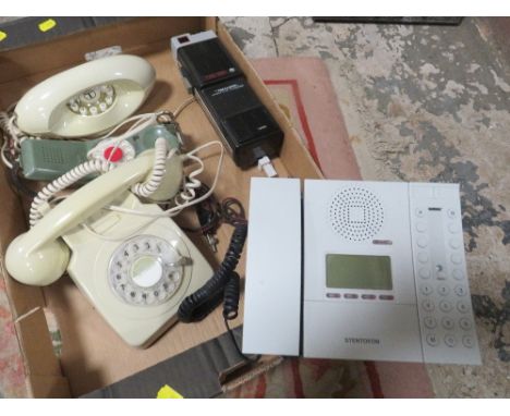 A tray of vintage telephones to include a modern Stentofon by Jacob Jensen and a realistic hand held CB radio
