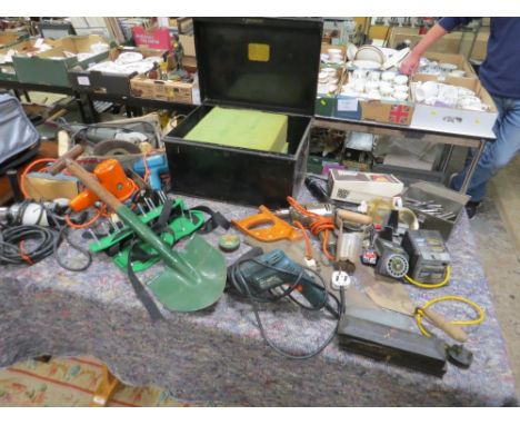 A box of tools to include power tools and hand tools etc. together with a vintage deed box
