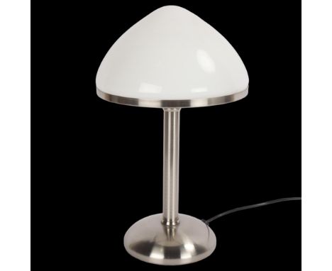 A contemporary table lamp, with white glass shade on brushed steel base, no makers mark, height 38cm . Condition Report: Good