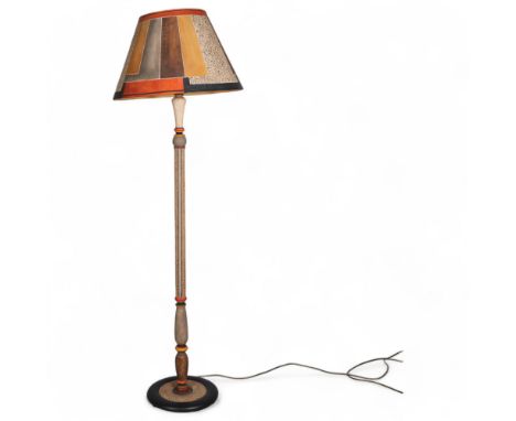 A modern Omega Workshops design standard lamp with hand painted shade and base in the Bloomsbury manner, with LED bulb, overa