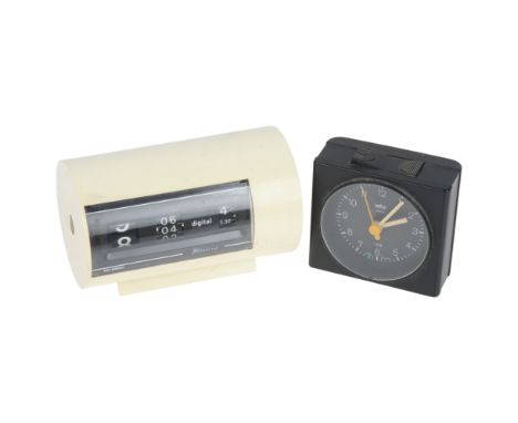 A Braun Type 4744/AB7 battery operated clock designed by Dietrich Lubs, 1990s and a 1960s Blessing, West Germany, Space Age m