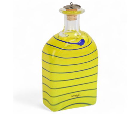 ANNA EHRNER for Kosta Boda, a Flask in yellow glass with a blue trail, with stopper, signed: Kosta Boda, A. Ehrner, 89504, he