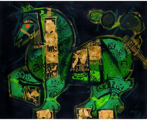  GREEN HORSE signed lower right Ovissi oil on canvas with gold leaf 64 x 79cm. / 25¼ x 31in. Nasser Ovissi is an American-Ira