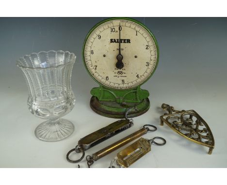 Kitchenalia including Salter No 50 scales, three spring balances, a brass iron stand / trivet and a pressed glass celery vase