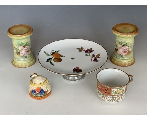A Clarice Cliff Bizarre honey pot (hairline crack) together with a Royal Worcester Evesham cake stand and an early 19th Centu