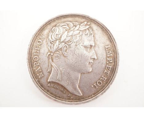An 1809 silver Napoleon medallion bearing a profile bust after Andrieu, 32 mm