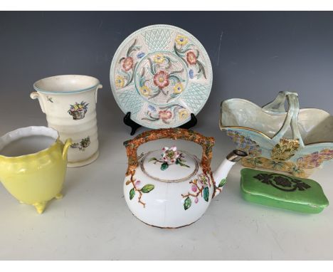 Ceramics including a Kensington Pottery Lupin pattern basket, a Victorian teapot (a/f), Lustre box, humorous transfer-printed