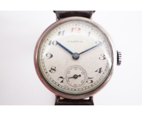 A 1930s Mappin silver-cased "trench" style wrist watch, having an un-named Swiss 10.5 ligne movement, circular frosted face w