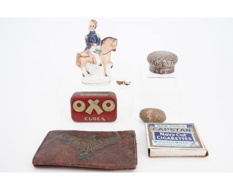 Sundry collectors' items including a bullion-embroidered wallet, small Staffordshire type military flatback, OXO tin, Capstan
