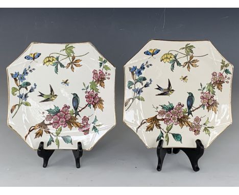 A pair of Victorian Wallis Gimson &amp; Co Bloom pattern Aesthetic polygonal plates, 22 cm