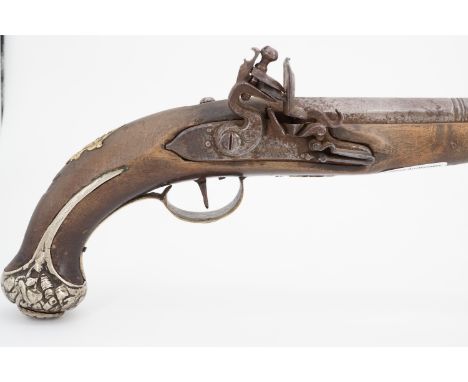 A late 18th Century flintlock holster pistol, having and 11.5 inch barrel, the full stock mounted in nickel and silver