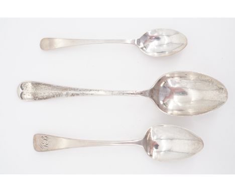 A George V silver Hanoverian rat tail dessert spoon, a Georgian and one other tea spoon