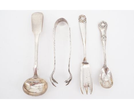 Silver flatware comprising salt and mustard spoons together with sugar tongs and a fork
