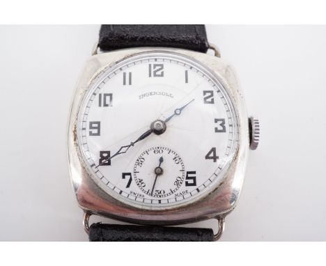 A 1920s Ingersoll silver wrist watch, having a 15 jewel movement and circular white enamel face with Arabic numerals, blued s