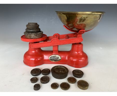 Contemporary Salter red-enamelled and brass kitchen scales with weights