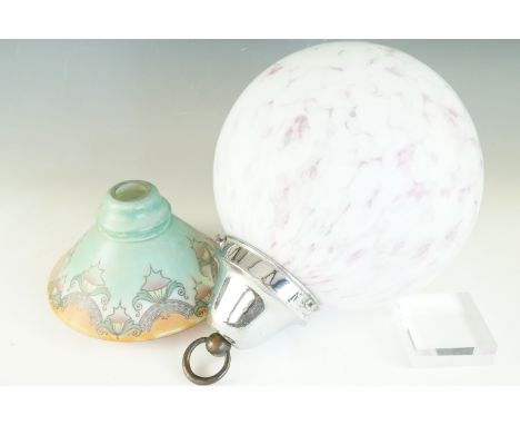 A 1920s conical glass ceiling light shade and a spherical example, 11 cm and 35 cm