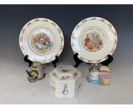 Beatrix Potter themed ceramics comprising Beswick Huncamunca, Royal Albert Mr Jackson, Wedgwood Peter Rabbit money box and tw