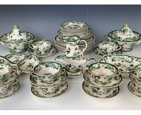 An extensive suite of Mason's Chartreuse dinnerware including 2 covered tureens, 8 large plates, 8 medium plates and 8 side p