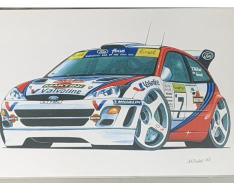 K W Davies Colin McRae Ford Focus rally car, giclee print, framed under glass, 28 cm x 42 cm