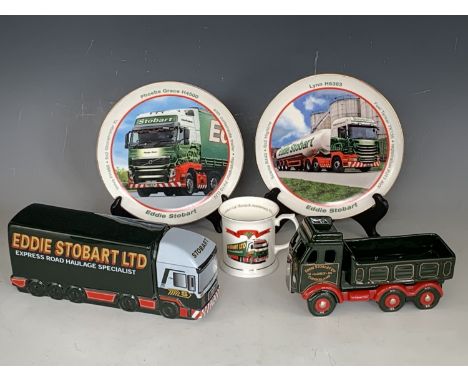 Eddie Stobart commemorative ceramics including a Wade money box and truck, a boxed mug and two plates