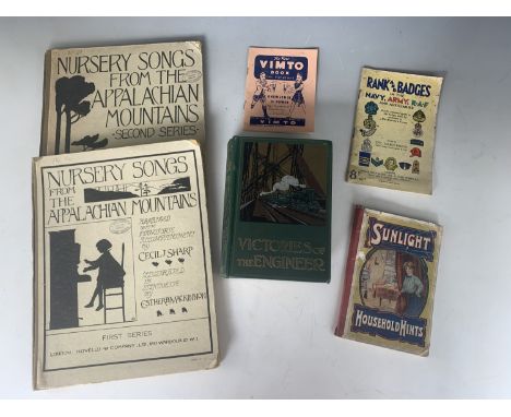 Sundry books including "Nursery Songs from the Appalachian Mountains", Archibald Williams' "Victories of the Engineer", circa