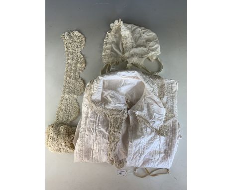 Vintage costume and textiles comprising a length of crochet / lace edging, a cotton night cap / bonnet and a night gown