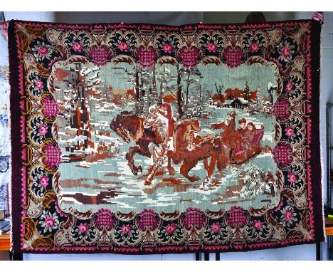 20th Century Russian School. Figures in a Sleigh, Woolwork Tapestry, 71" x 92".