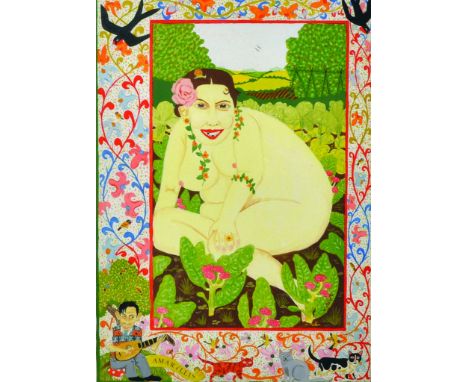 Mervyn Grist (20th Century) British. 'Amaryllis', with a Naked Lady in the Flower Bed, with a Floral Border, and a Man Playin
