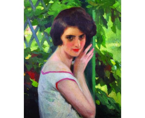 Cyprien Eugene Boulet (1877-1927) French. Portrait of a Girl Standing by Garden Trellis, Dressed in White, Oil on Canvas, Sig