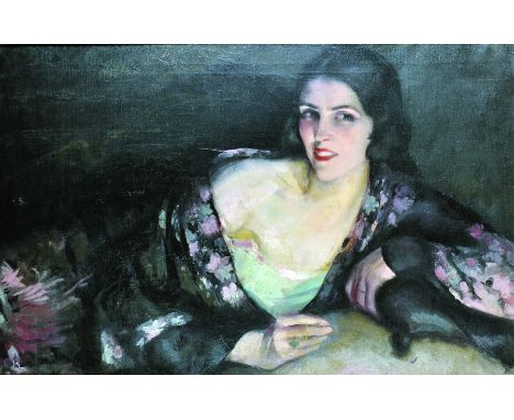 Cyprien Eugene Boulet (1877-1927) French. Portrait of a Reclining Girl, Dressed in Green with a Black Shawl, Oil on Canvas, S