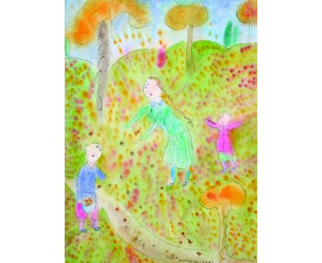 Dora Holzhandler (1928-2015) French/British. Children in a Garden, Watercolour, Signed and Dated '97, 9.25" x 6.75". 
