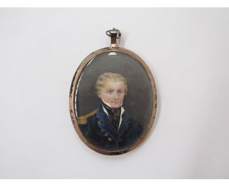 A 19th Century oval miniature on ivory, portrait of a young Naval officer, set in a hallmarked frame. Unsigned. 6.5cm x 5.4cm