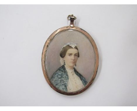 A 19th Century oval miniature on ivory, portrait of a woman in blue shawl. Signed Cosway lower left. Set in a hallmarked fram