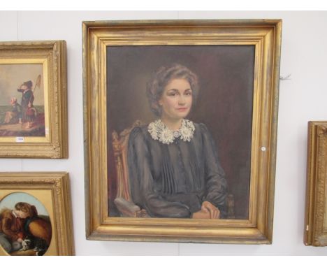 DULCIE LAMBRICK (1901-1981): An oil on canvas depicting a portrait of a lady wearing a black dress with a lace collar, signed