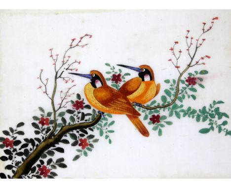 A scrap album of fourteen Chinese pith paintings, 19th century depicting birds perched on branches an two men holding a scrol