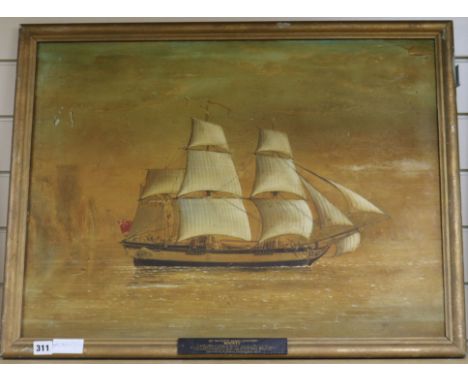 An overpainted print of His Majesty's Armed Transport: The Bounty, the eve before the mutiny 1789, 52 x 70cm
