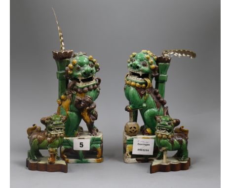 Two pairs of Chinese kylin joss stick holders tallest 21.5cm