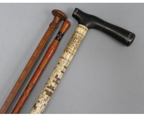 A carved bone walking stick, a red lacquer stick, a wine measure and a mask