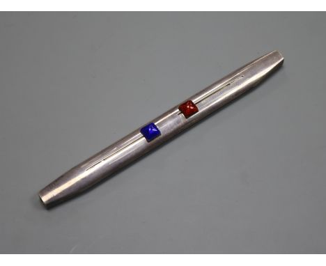 A white metal and enamel mounted double ended propelling pen/pencil, 17.8cm.