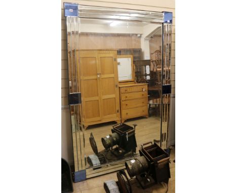 A large Art Deco style blue and clear glass wall mirror H.186cm