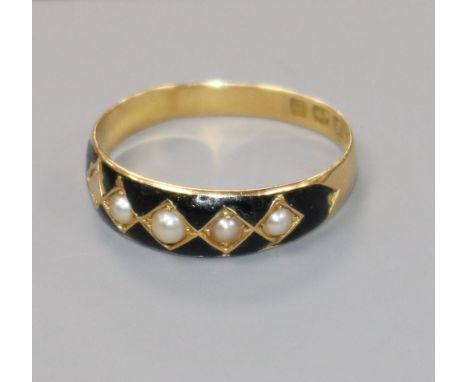 A late Victorian, 18ct gold, black enamel and seed pearl set half hoop ring, size Q.