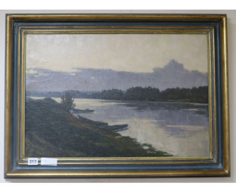 Maxim Jourov oil on canvas, Evening Light on the River, inscribed verso 40 x 59cm.