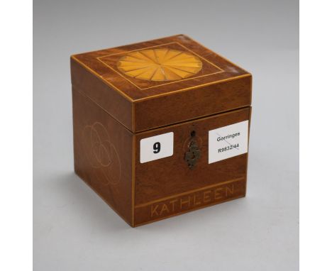 A George III inlaid mahogany cube shaped tea caddy approx 11.5cm sq.