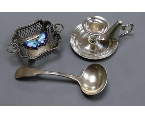 A modern silver chamberstick, a silver bon bon dish, a George III silver sauce ladle and butterfly brooch.