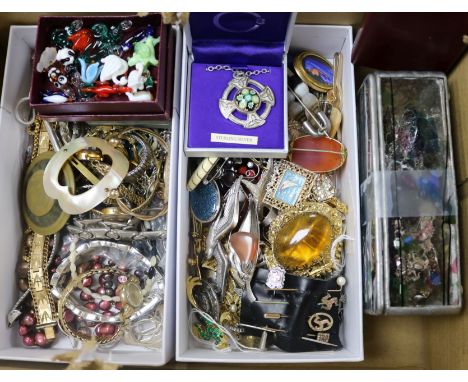 A collection of costume jewellery, including filigree and marcasite-set items, a quantity of brooches (some signed), bar broo