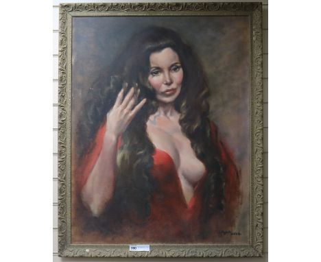 Dick Leech oil on canvas, Portrait of a lady in a red dress 90 x 70cm.