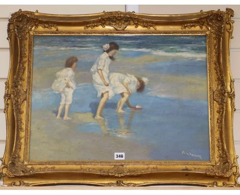 R Le Rossett oil on board, beach scene 41 x 55cm.